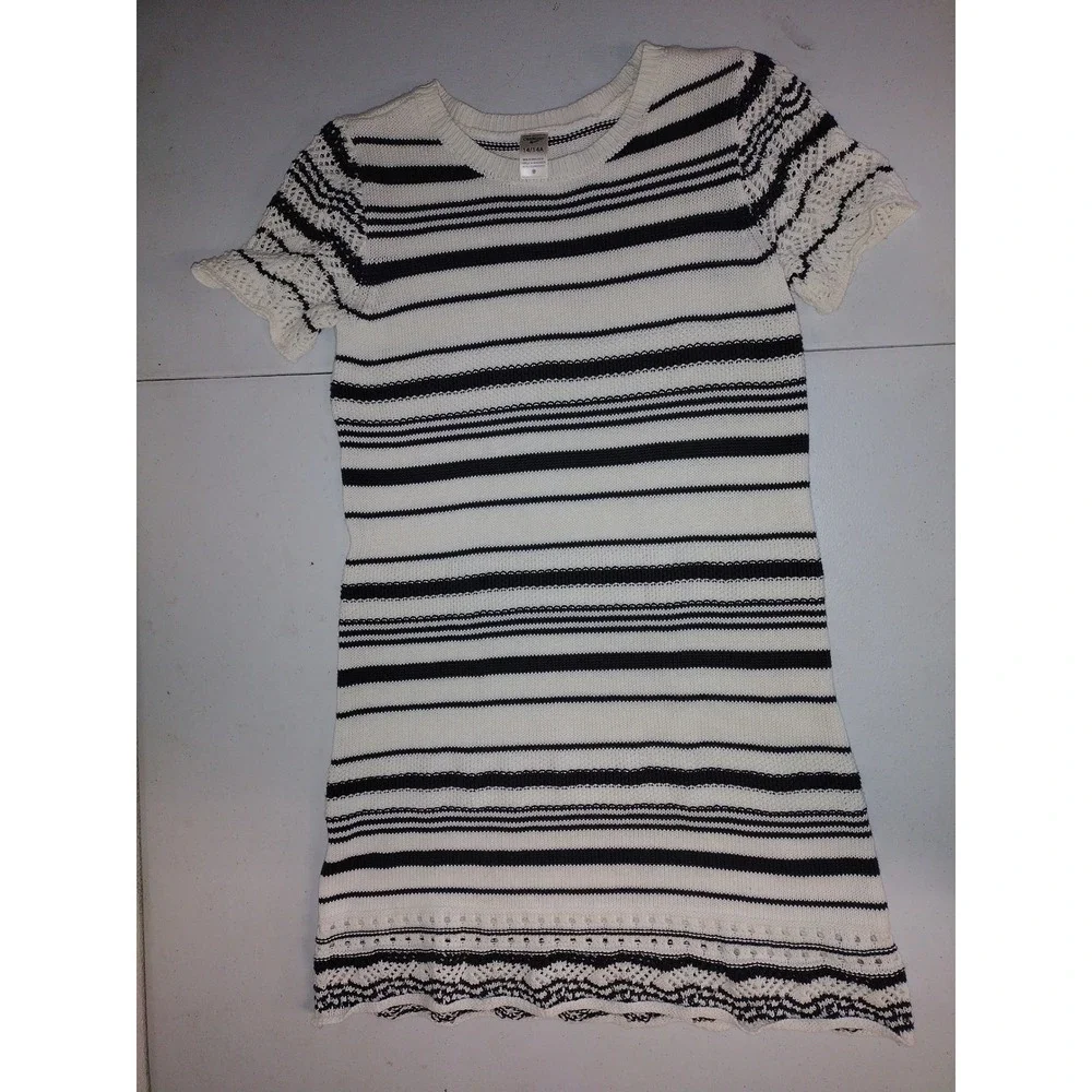 OshKosh Bgosh Girls 14 Black White Striped Cotton Knit Crochet Sweater Dress